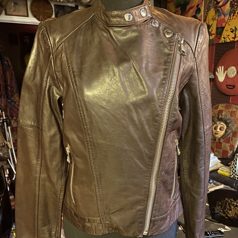 KARL LAGERFELD Chocolate Brown Genuine Leather Jacket, S